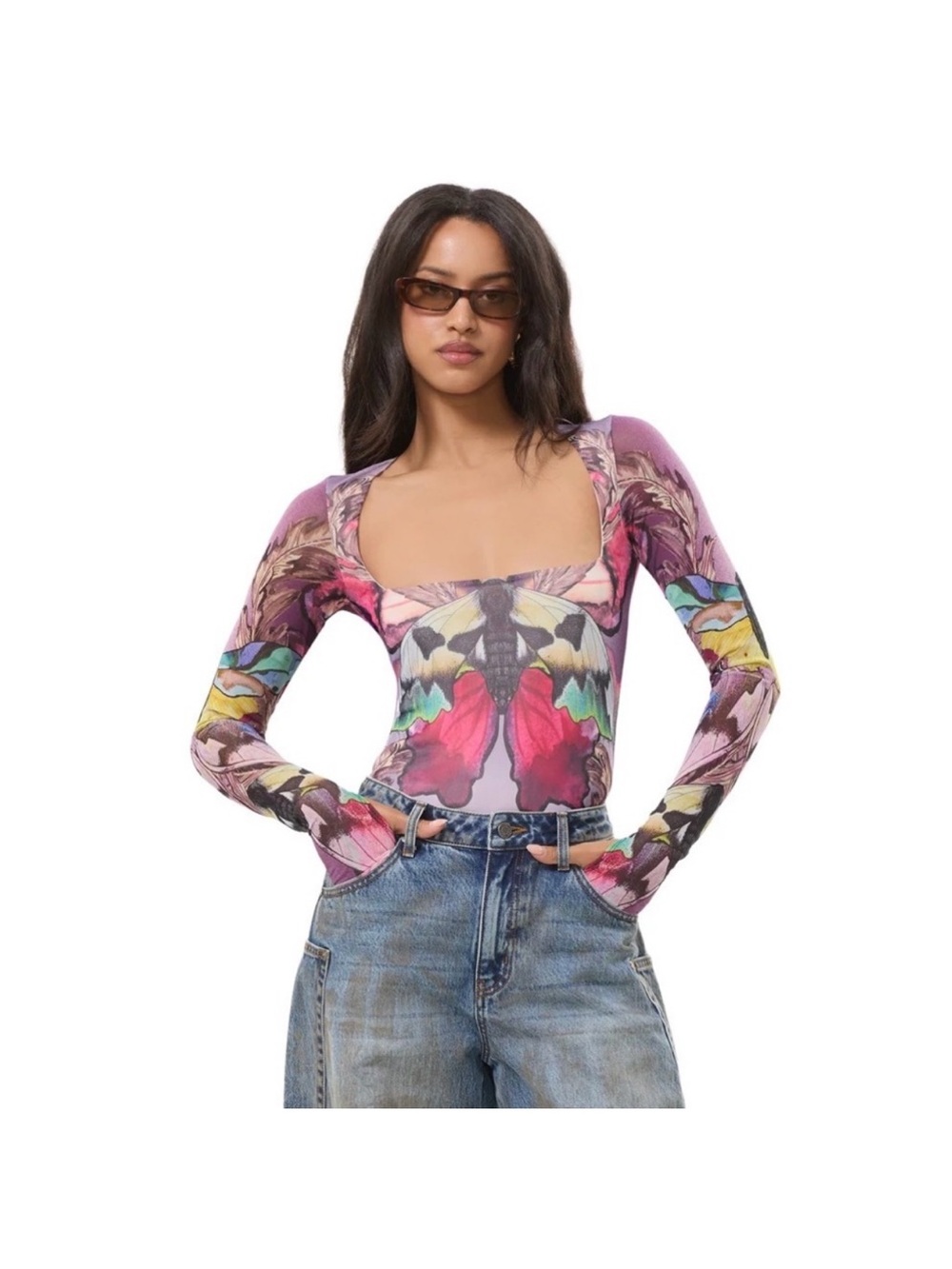 AFRM Square-Neck Long-Sleeve Butterfly Print Bodysuit - Pink
Multicolor